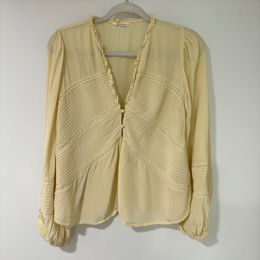 Zara Yellow Swiss Dot Blouse Women XS Pintuck Lace Ruffle Long Sleeve Boho